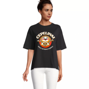 Oversize moteriški marškinėliai Cepelinai -meilė iš pirmo kąsnio