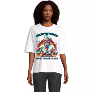 Oversize moteriški marškinėliai Grilio profesorius- skonio formulė atrasta